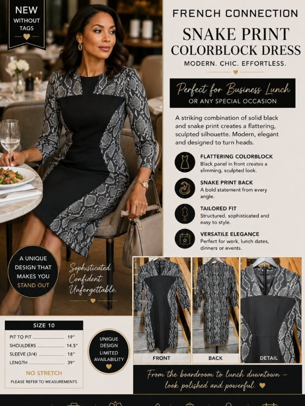 French Connection Snake Print Colorblock Statement Dress Size 10 Black Gray NWT